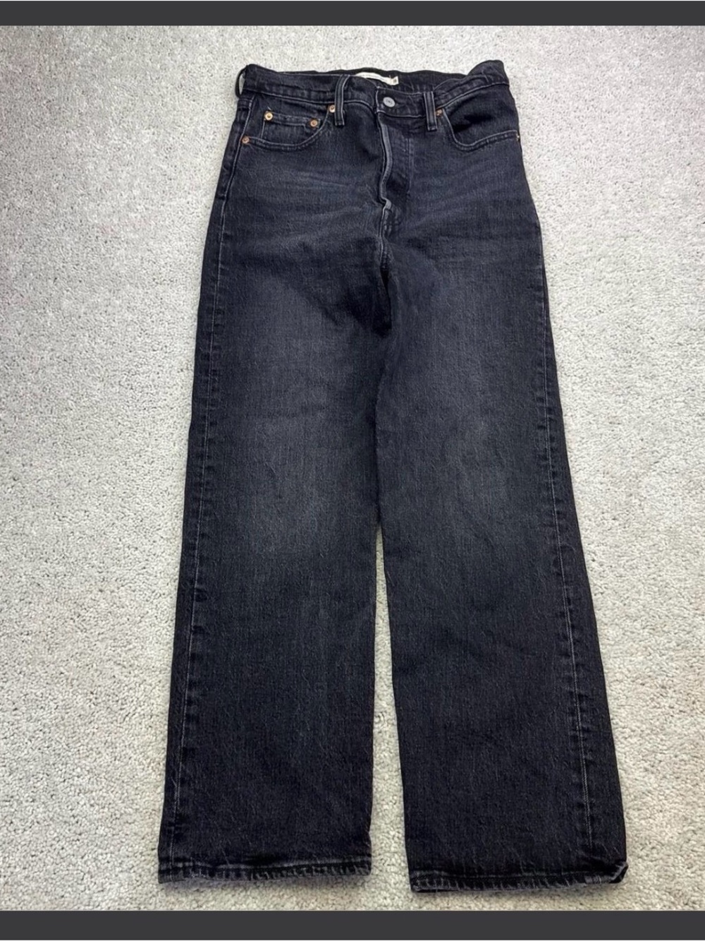 Levis Premium Ribcage Straight Ankle Button Fly Jeans Size 28x27 Black Denim